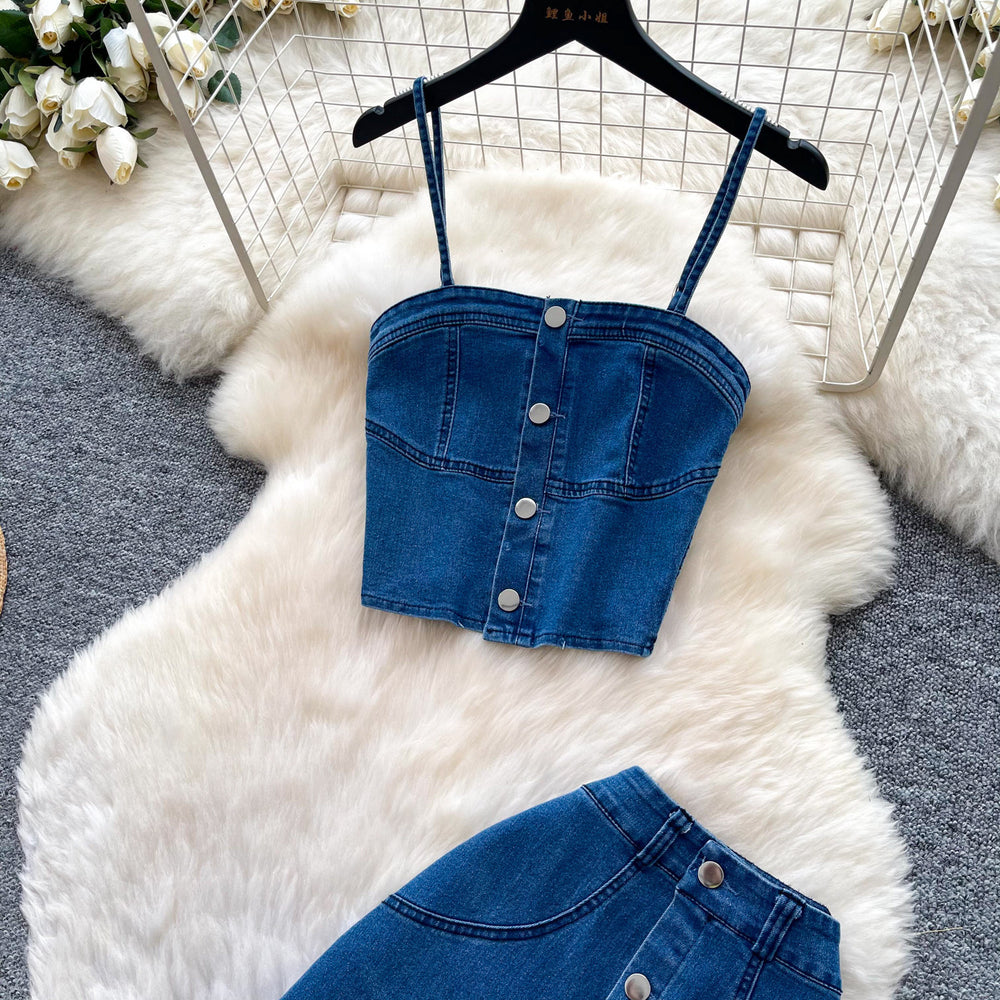 French denim suspender playful age-reducing two-piece set women's summer single-breasted silmslimming lookelegantsuit slit skirt