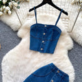 French denim suspender playful age-reducing two-piece set women's summer single-breasted silmslimming lookelegantsuit slit skirt