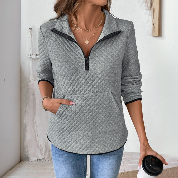 European and American  new  leisure simple sports half-open zipper stand-up collar rhombus grid fabric solid color sweater women