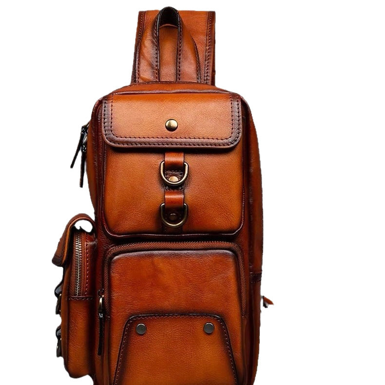 Retro handmade genuine leather chest bag casual crossbody bag first layer vegetable tanned cowhide multi-flap pocket pants shoulder bag men's travel trendy bag