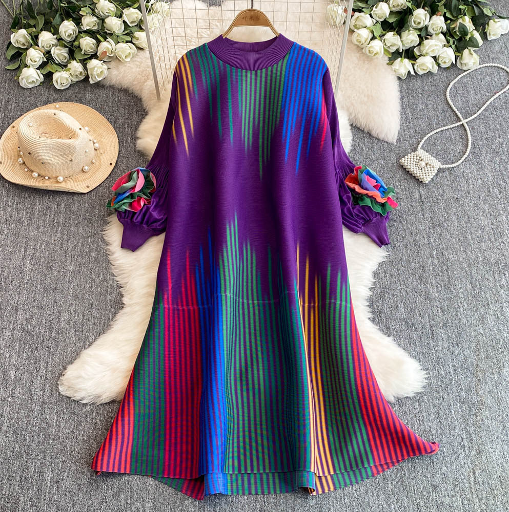 Miura pleated colorfuldress female round neck lantern sleeve looseelegance vertical stripes belly-covering slimming look over-the-knee skirt
