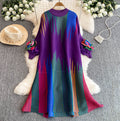 Miura pleated colorfuldress female round neck lantern sleeve looseelegance vertical stripes belly-covering slimming look over-the-knee skirt