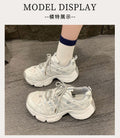 Parisian strappy chunky sneakers for women, new spring/summer 2026 collection, breathable mesh round toe lace-up casual athletic shoes
