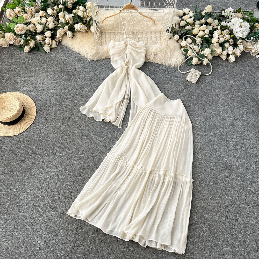 Pure desire hot girl vacation outfit women's summer sense of design asymmetrical halter suspender slit topshigh waist skirt