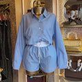 European and american women's clothing  autumn new collection: sweet and fresh striped turn-down collar long-sleeve shirt and drawstring waist shorts two-piece set