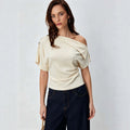 women's off-the-shoulder/one-shoulder top, figure-flattering, slimming, short-sleeved, soft and elegant style, niche design t-shirt