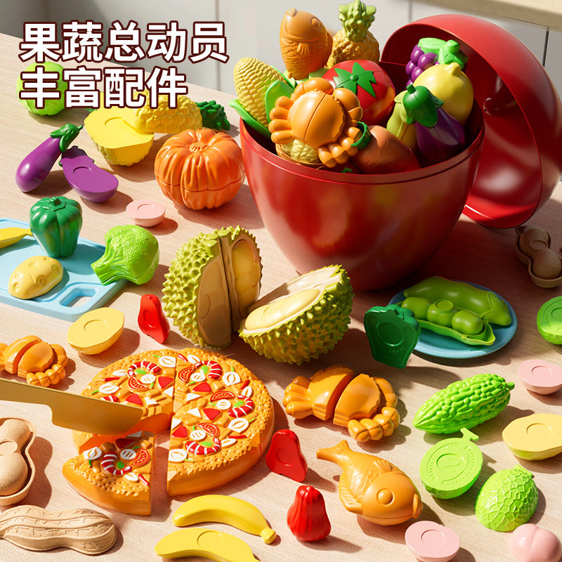 Kids' pretend play fruit toy set - realistic fruits & vegetables (durian included) - apple bucket storage - educational toy for girls ages 3-6