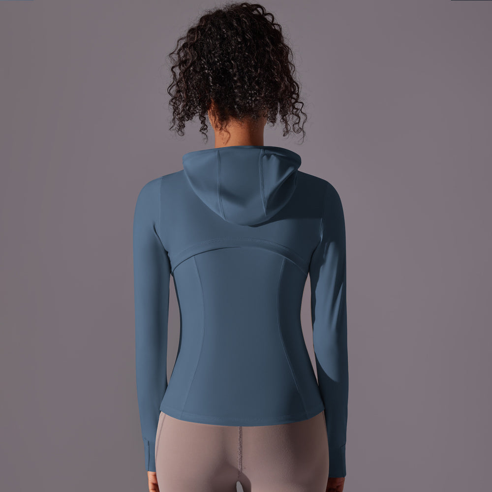 New double-sided nylon solid color zipper pocket hooded sports jacket running fitness yoga long sleeve outerwear for women