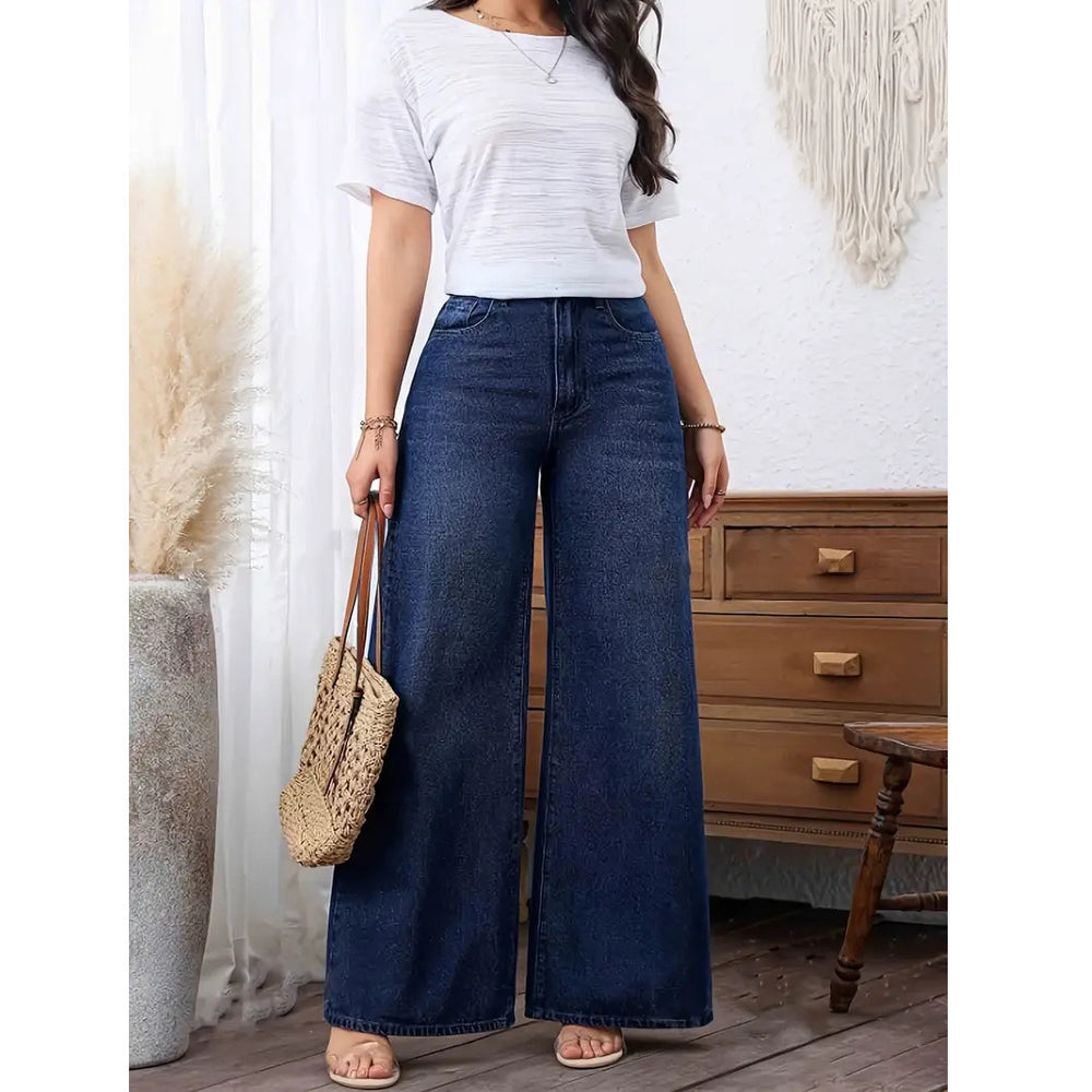 new women's casual jeans  washed trendy wide-leg jeans fashionable dark blue