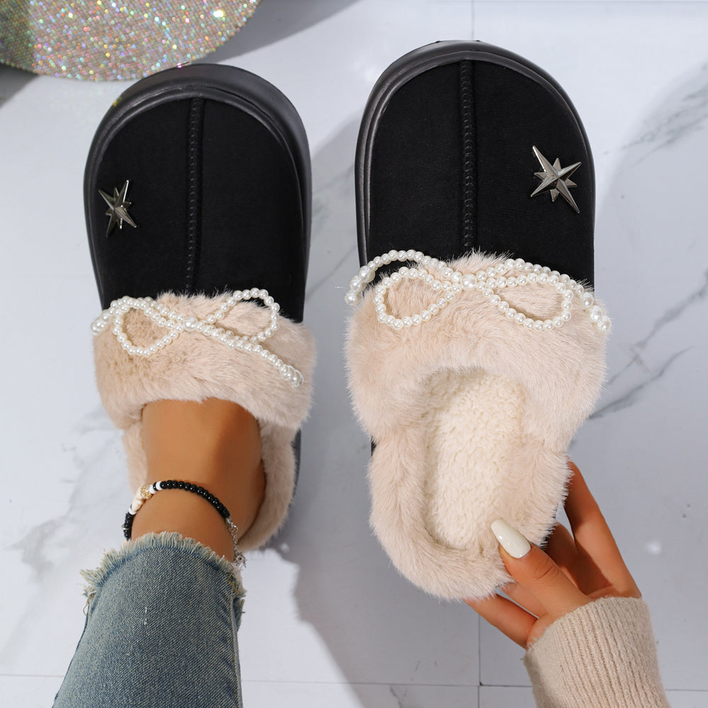 Fleece-linedthickenedheattech cotton slippers for women new arrival pearl bowsoutwear home indoor soft bottomstuffed cotton slippers