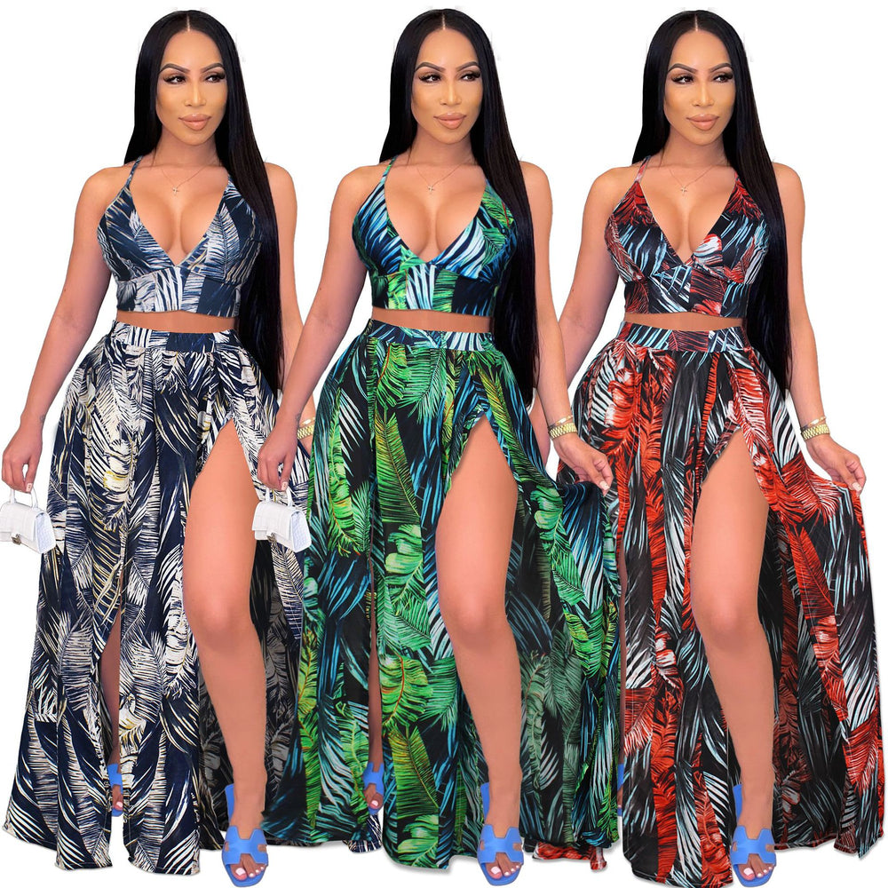Amazon hot selling summer women's fashion sexy camisole printed swing skirt two-piece beach dress set