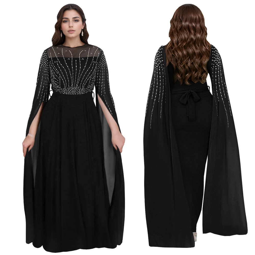 C7392 cross-border   fashion women's elegant hotfix rhinestone see-through dress