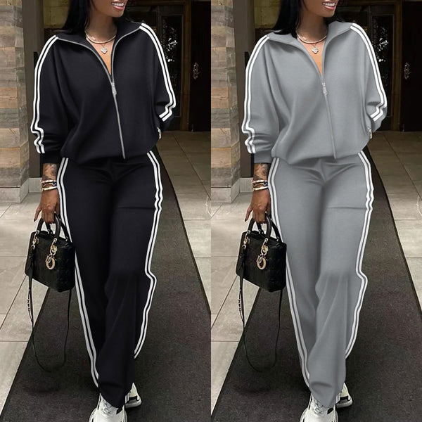 S10959 Lapel Striped Zipper Shoulder Sweater Pants Set Two-piece Set