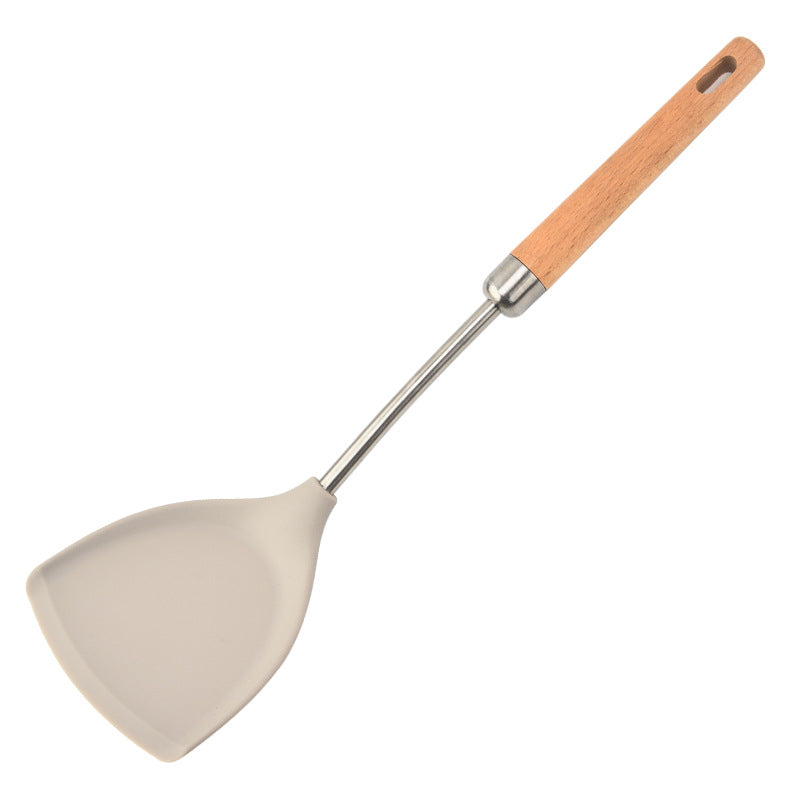 Food grade 304 stainless steel pipe handle cooking shovel household beech handle spoon shovel non-stick pan silicone kitchenware