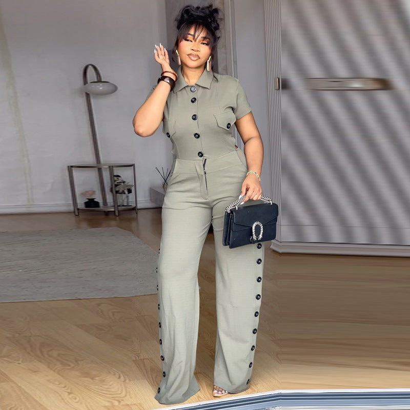 European and american style women's fall  new collection: sweet turn-down collar single-breasted short-sleeve blouse and high-waisted straight-leg pants two-piece set