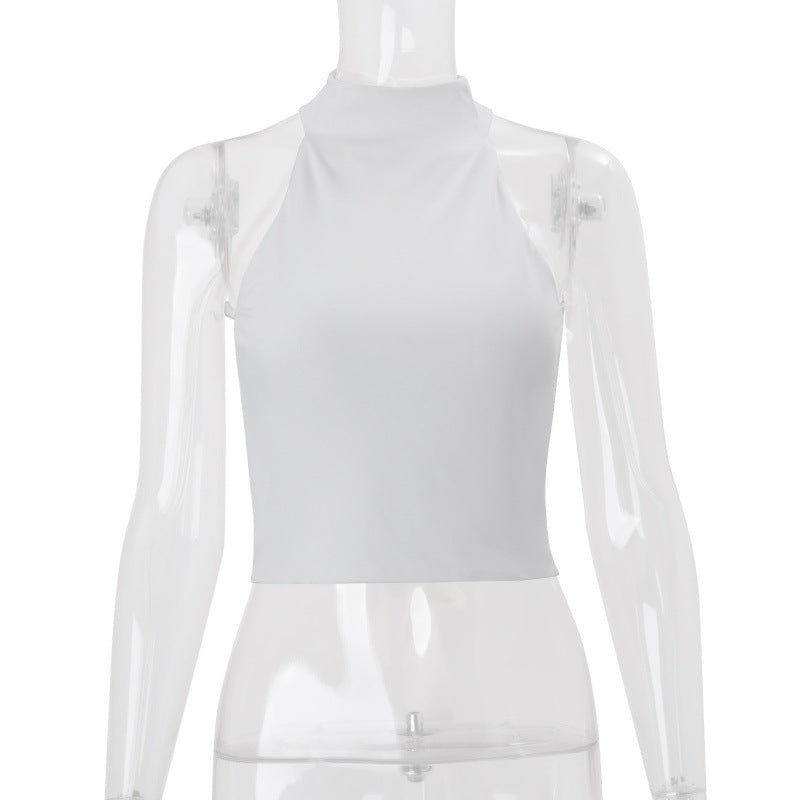 European and american style women's spring  new fashion solid color stand collar halter neck backless short sleeveless tank top