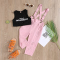 summer new girls' overalls set: fashionable and cute letter print short-sleeve tank top and denim shorts outfit