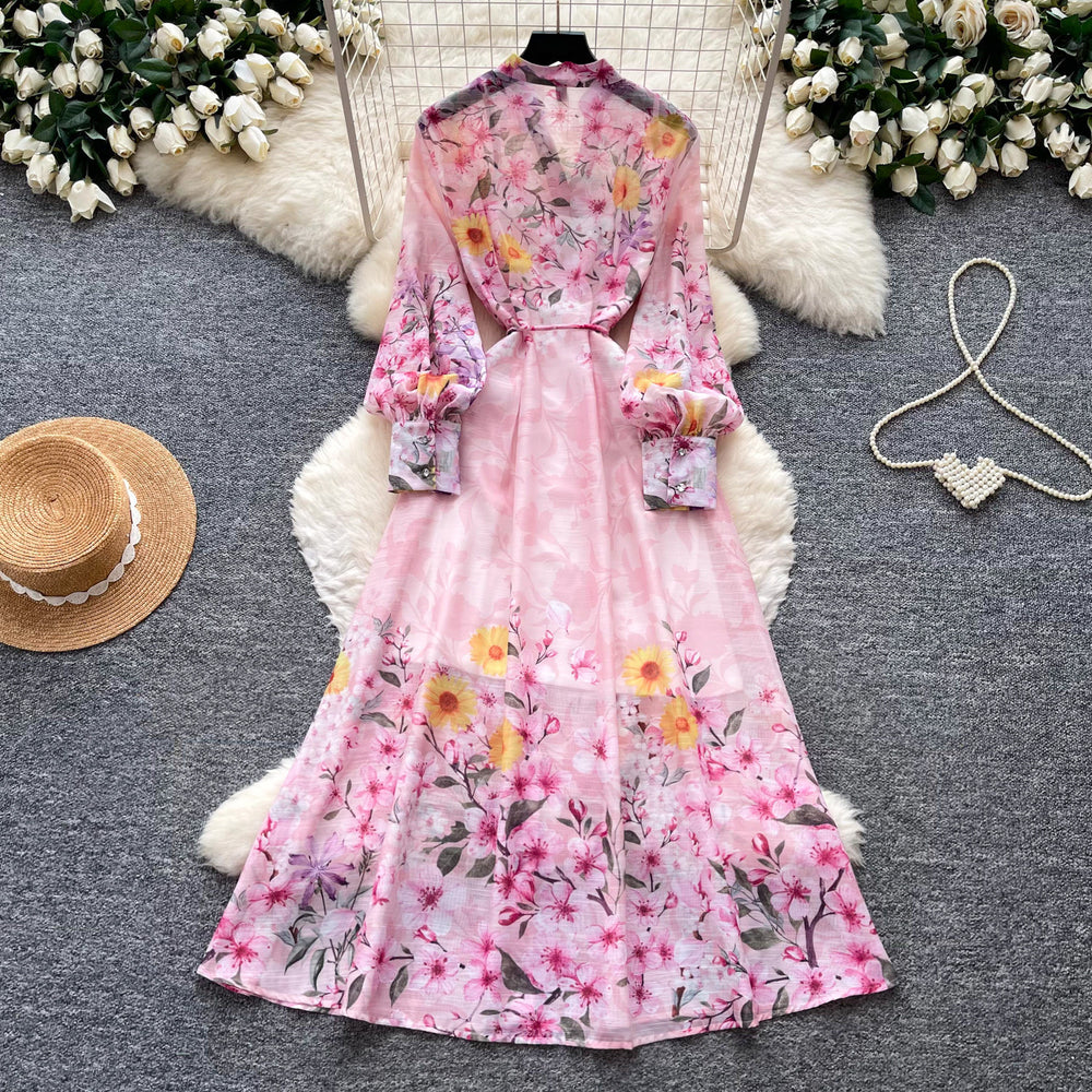 French romantic style printed slim-fit dress - women's long sleeve v-neck tie-waist maxi dress - vacation ready