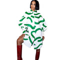 Q034autumnew arrival single breasted looseprinting lapel lantern sleeve shirt skirtfashionplus sizeexportdress