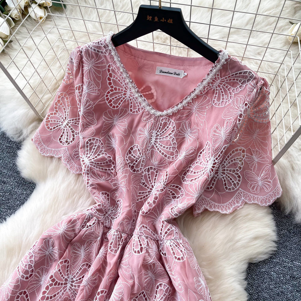 French-style heavy lace v-neck butterfly cutout dress - women's summer korean style short sleeve slimming a-line dress - pink