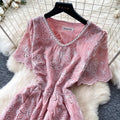 French-style heavy lace v-neck butterfly cutout dress - women's summer korean style short sleeve slimming a-line dress - pink