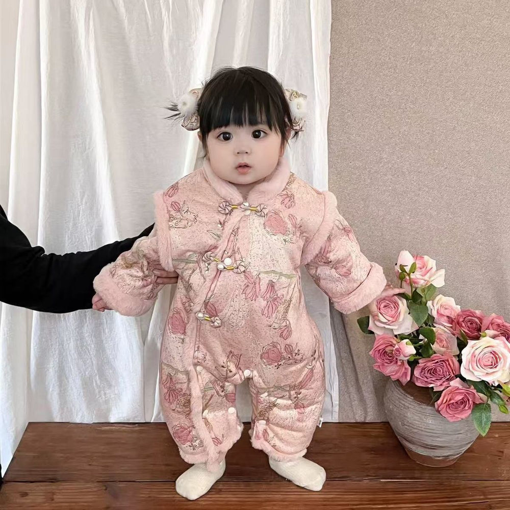 Baby rompers: fleece-lined, extra thick winter outfits for baby boys and girls - perfect for newborns, full month celebrations, 100-day milestones, and first birthday chinese style dresses