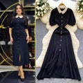 Springfrench doll collar lace collar puff sleevesilmslimming look short-sleeved knittingdress single-row gold button long skirt