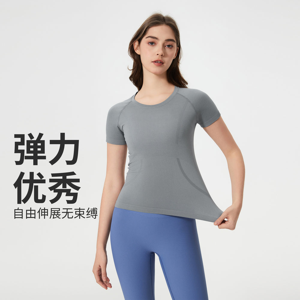 Summer seamless one-piece knit crew neck yoga top - slim fit, quick-dry, breathable running & workout short sleeve tee for women - d25073