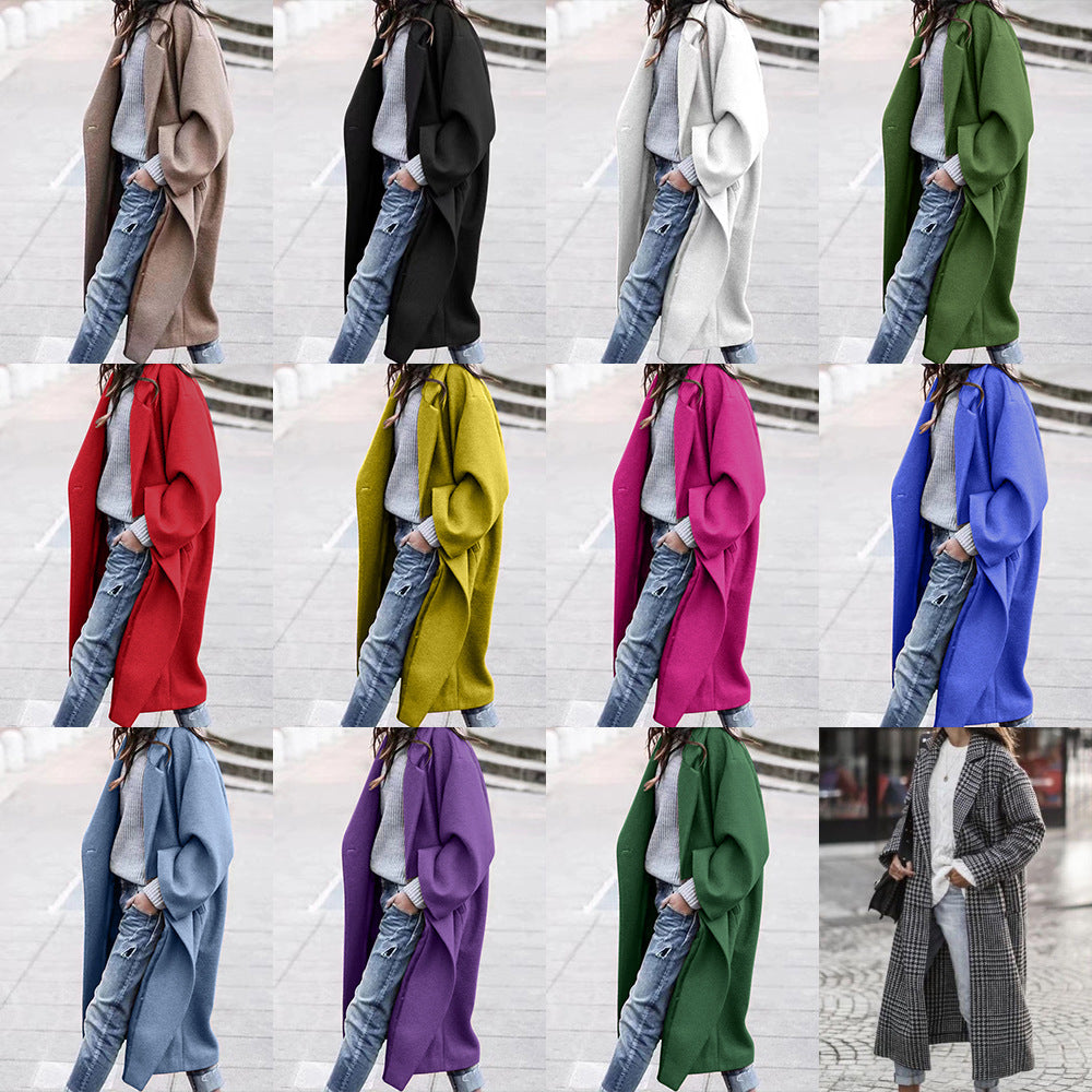 European and american autumn/winter long wool coat - chic, commuter style, beltless, turn-down collar, relaxed fit, wool green coat for women