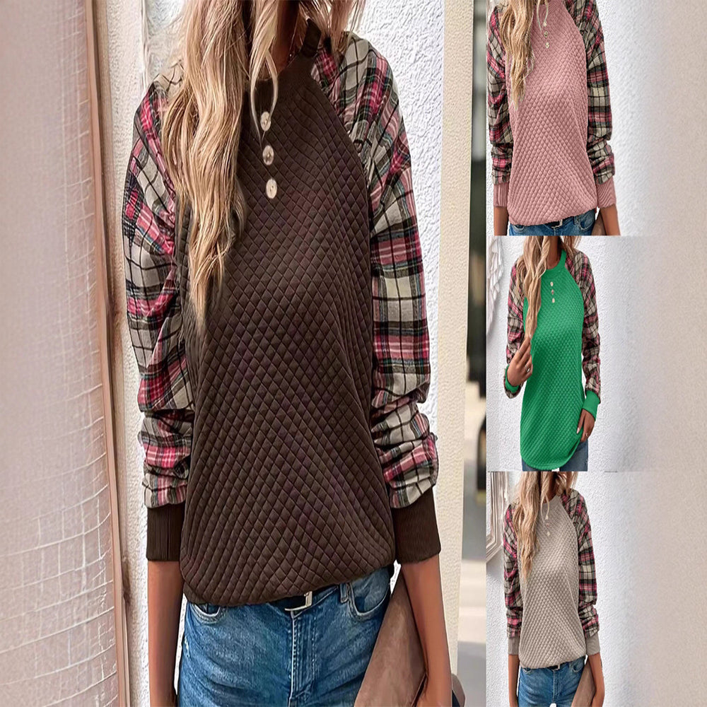 2025 amazon fashion diamond quilted patchwork long sleeve crewneck casual sweatshirt for women (us & europe)