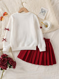 european and american cross-border girls' bow knit top + a-line pleated skirt set, big kids' outfit