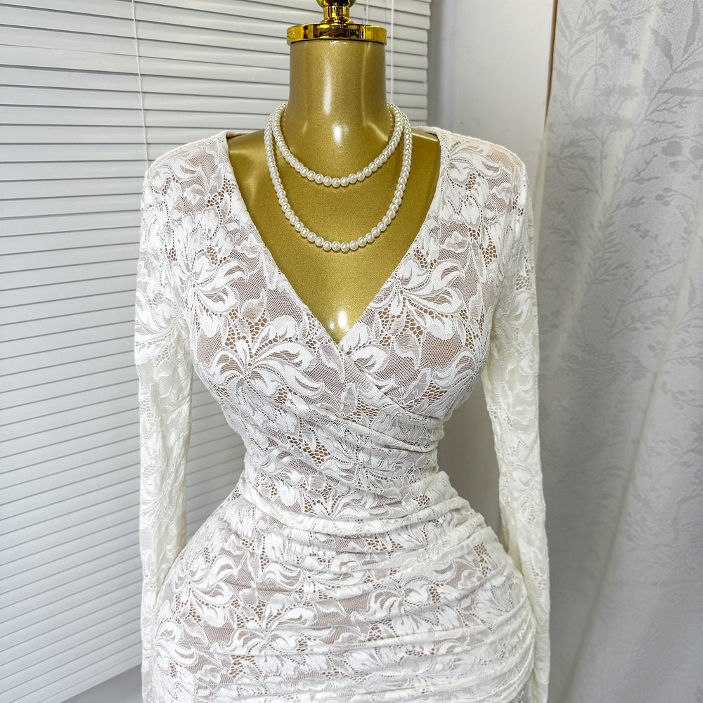 Autumn french chic sexy lace cutout v-neck long sleeve slimming fishtail maxi dress for women (export)