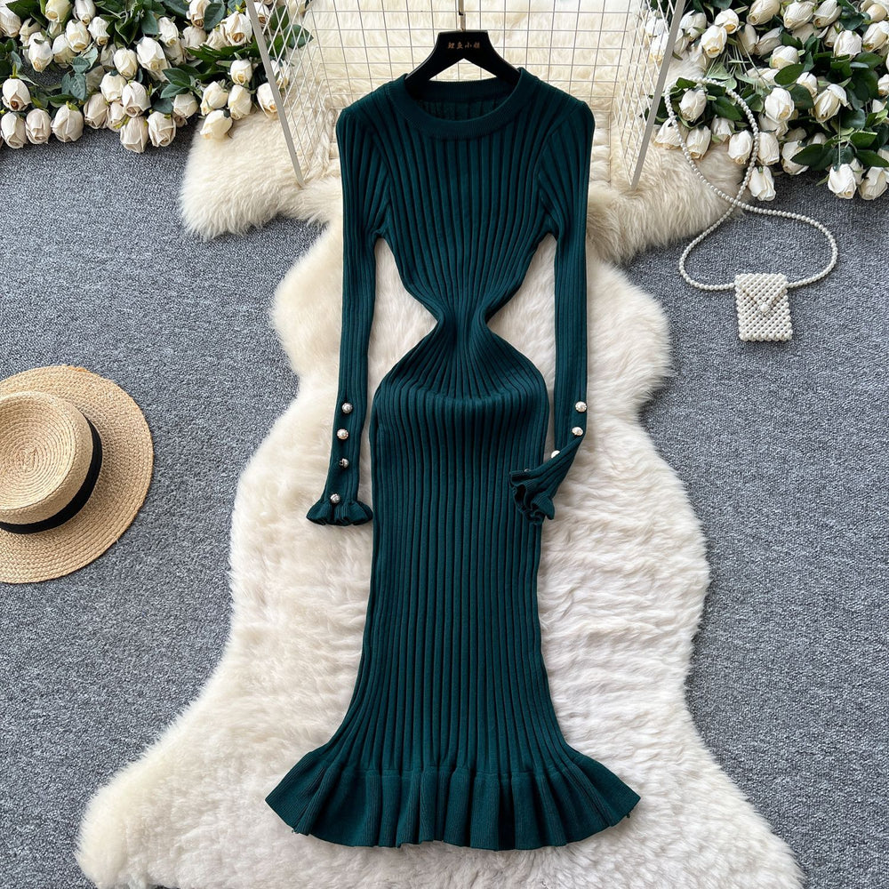 French chic high-end round neck metal buckle long sleeve dress - women's autumn slimming ruffle knit dress