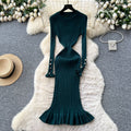 French chic high-end round neck metal buckle long sleeve dress - women's autumn slimming ruffle knit dress