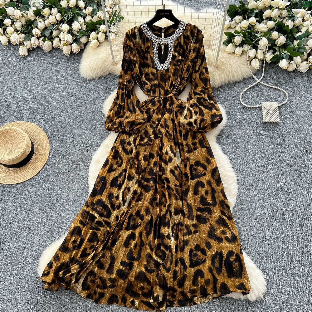 Luxury european and american style leopard print puff sleeve dress - women's summer belted slimming diamond-accented hot girl maxi dress