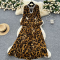 Luxury european and american style leopard print puff sleeve dress - women's summer belted slimming diamond-accented hot girl maxi dress