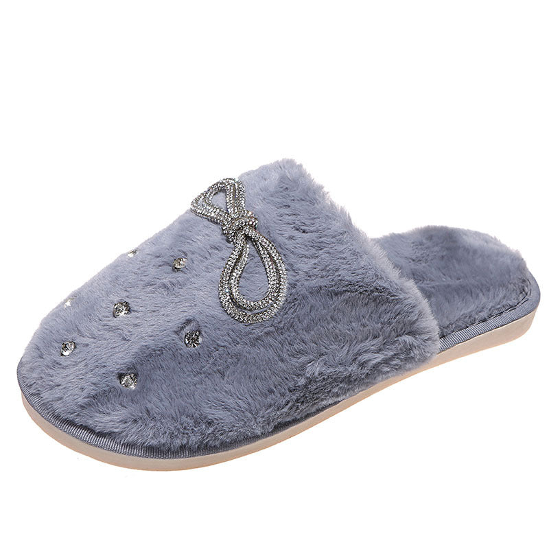 Rhinestone bow slippers women's 2024 new korean style closed-toe fuzzy slippers trendy autumn/winter indoor/outdoor cotton slippers