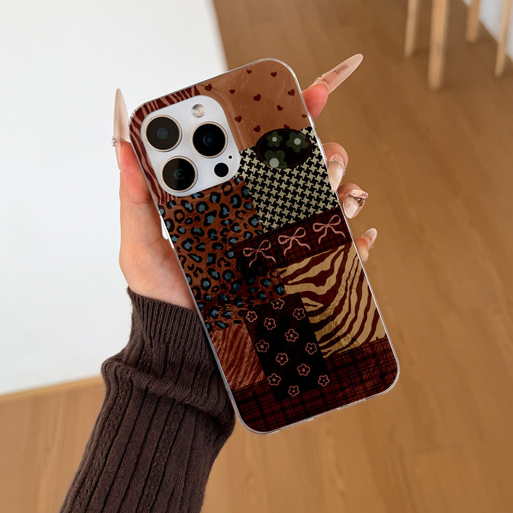 Retro patchwork leopard print mobile phone case suitable for iphone17promax apple 16/15/14 anti-fall soft case wholesale