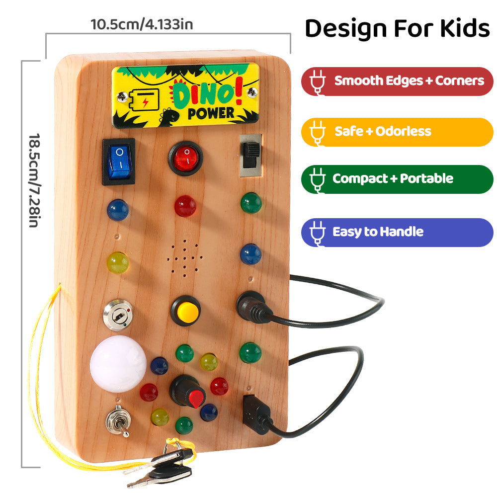 Early educational busy board for toddlers and young children, ages 3-6, new wood grain design with led lights, power button, red and green colors, cross-border lighting fixture