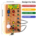 Early educational busy board for toddlers and young children, ages 3-6, new wood grain design with led lights, power button, red and green colors, cross-border lighting fixture