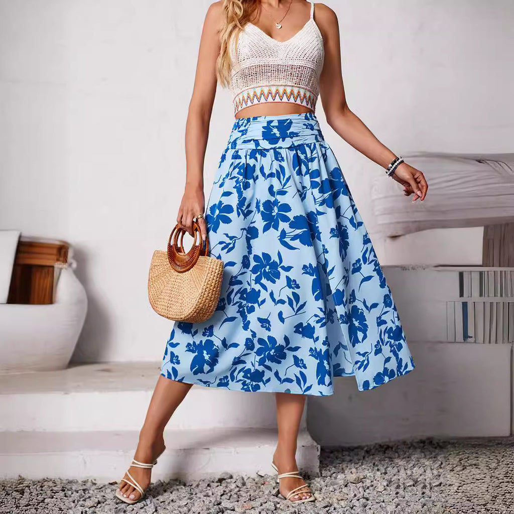 Shanuo independently designs and shoots new women's clothing in Europe, America,  summer casual collection, flower printing skirt