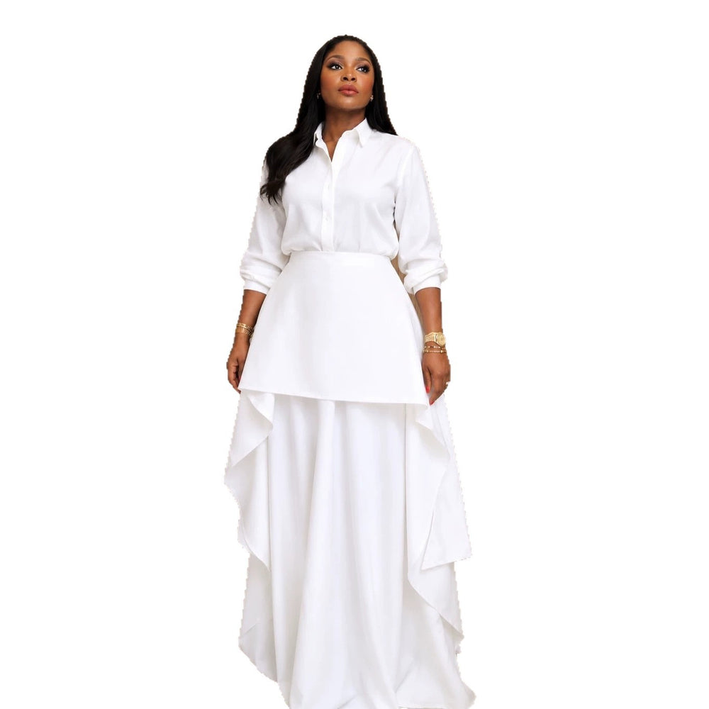 European and american women's clothing  autumn new collection: sweet and fresh turn-down collar long sleeve blouse with high-waisted midi skirt - fashionable casual set