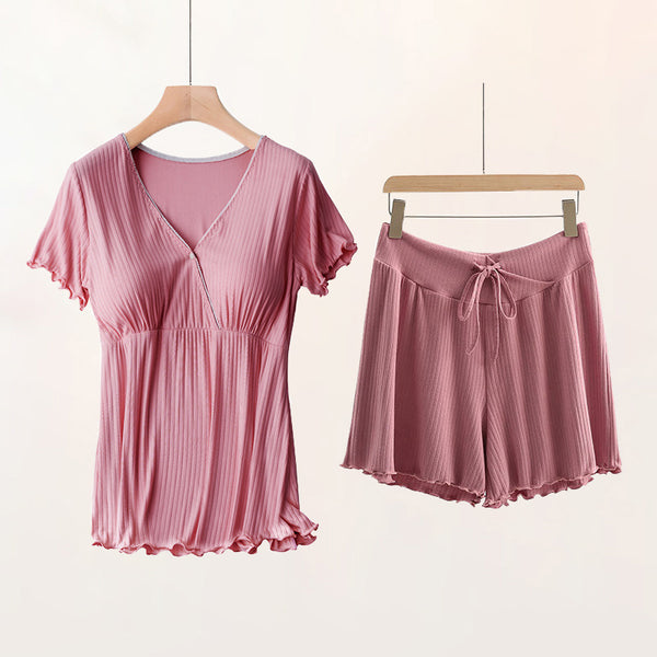 Confinement clothes, breastfeeding short-sleeved shorts set, maternity pajamas, summer thin postpartum loungewear, breastfeeding set