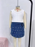 new summer cross-border ruffle trim crew neck top & heavy-duty denim beaded skort set (two-piece)