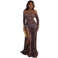 European and american style cross-border home wear women's side slit off-the-shoulder bodycon dress backless bandeau long sleeve leopard print trendy dress