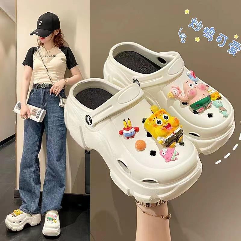 New arrival crocs women's summer popular thick sole toe cap stepping on shit feeling outwearnon-slip high heel thick sole slippers wholesale