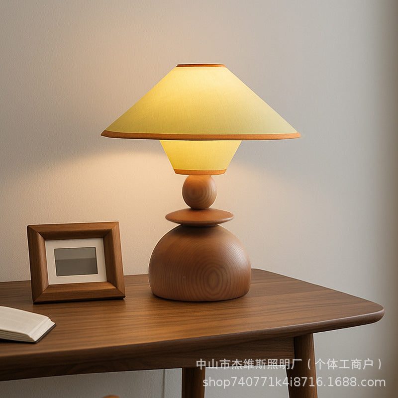 Medieval style pleated fabric double-layer log spherical base warm light table lamp b&b guest room bedroom tea room wabi-sabi style