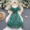 Dopamine dress: square neck, bubble sleeves, floral print, summer mesh overlay with ruffle trim - sweet & stunning