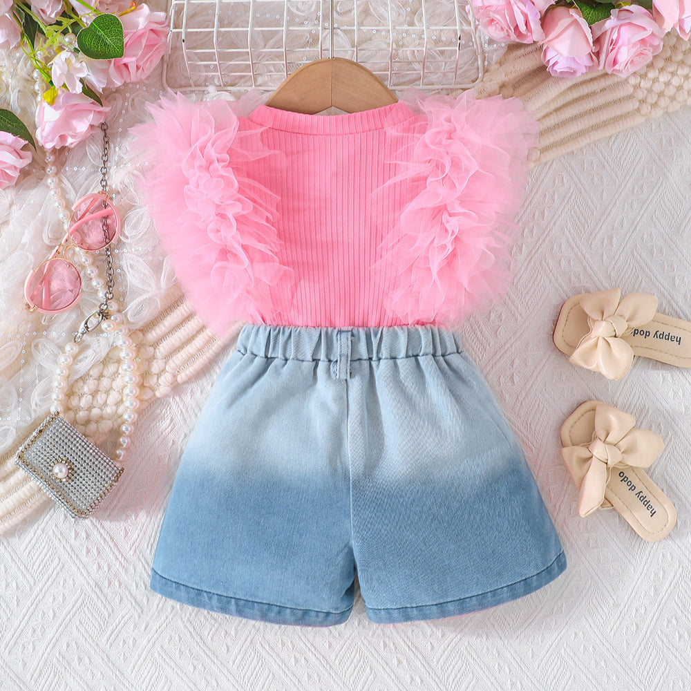 new girls' pink mesh ruffle sleeveless top + gradient rhinestone denim shorts set