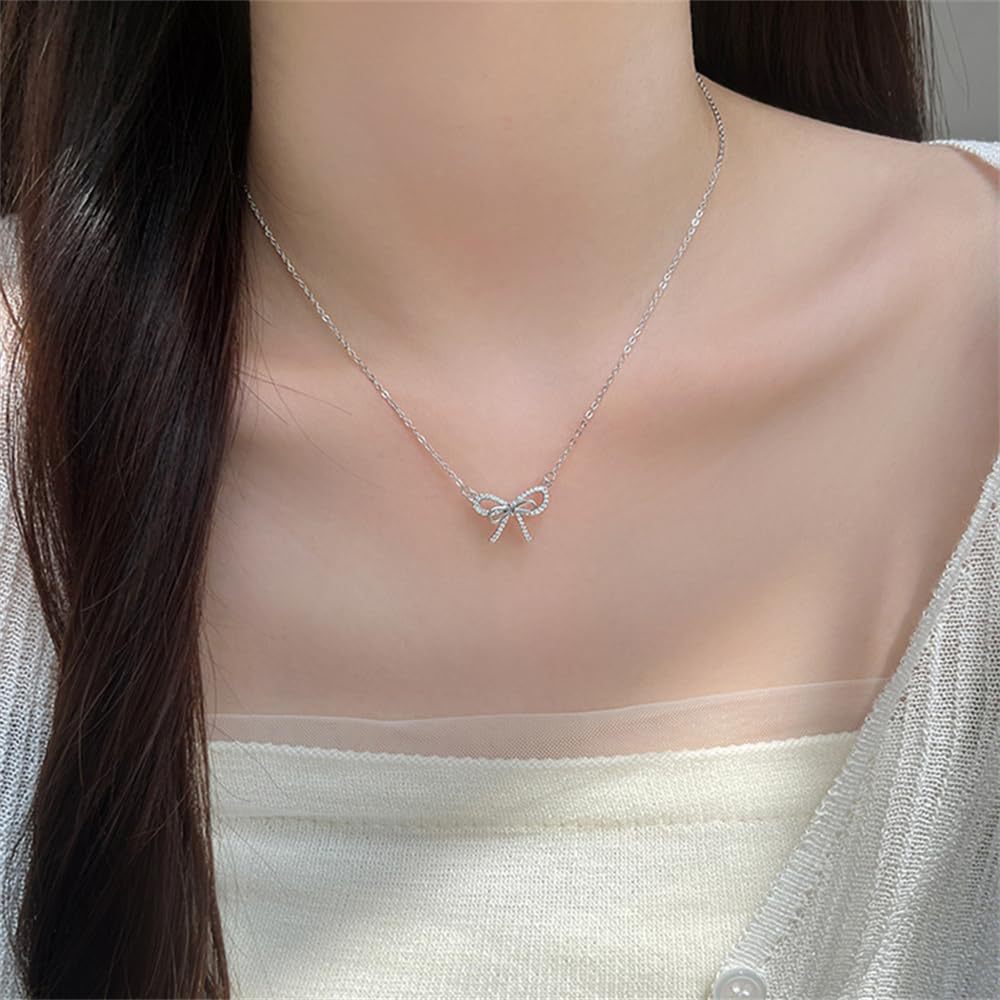 fashion business bow pendant necklace accessible luxuryniche stylesense of design inlaid zircon bow pendant necklace